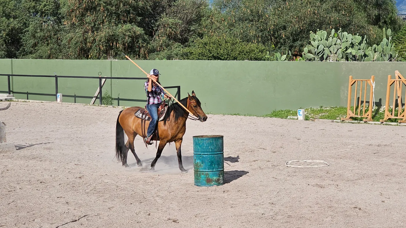 Riders spearing rings with the garrocha pole at the arena play day